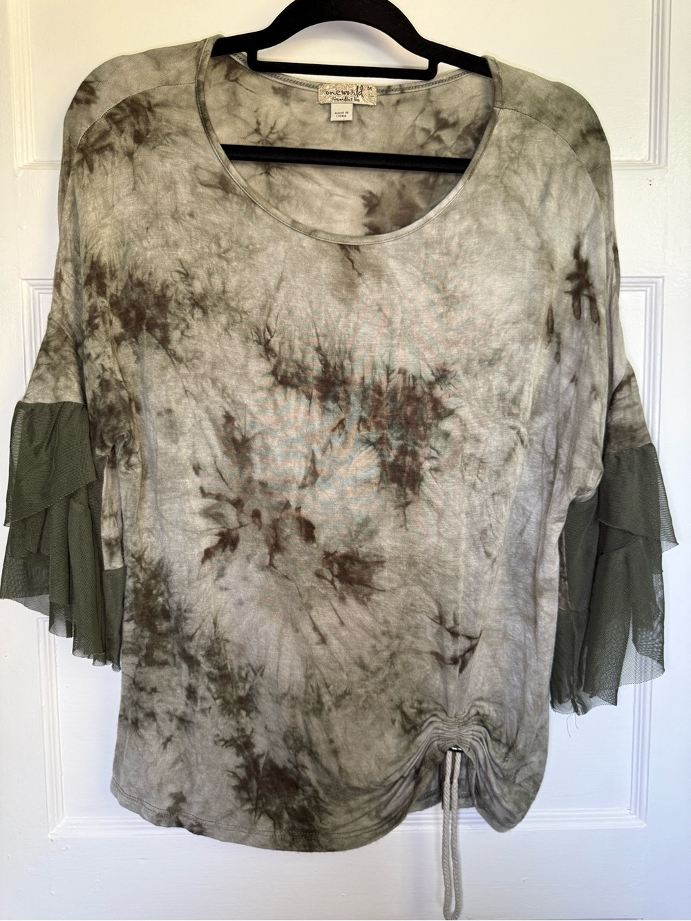 ONE WORLD Olive Boho Tie-Dye Tiered Mesh Ruffle Sleeve Top Adjustable Side M